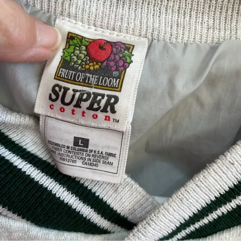 VINTAGE FRUIT OF THE LOOM‎ VARSITY BOMBER JACKET IN GRAY AND GREEN